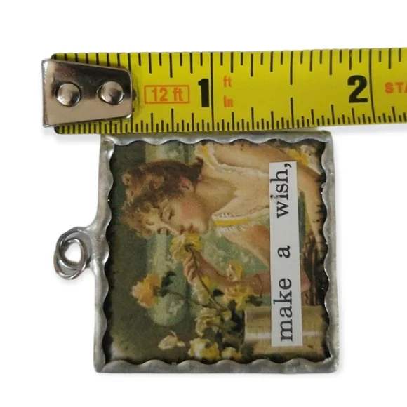 Hand Crafted Soldered Glass Charm Vintage Papers "Make A Wish" - Picture 4 of 6